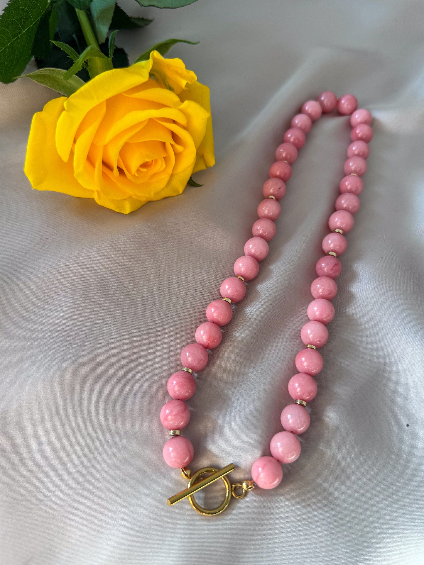 Chunky Pink Jade Necklace with Toggle Clasp