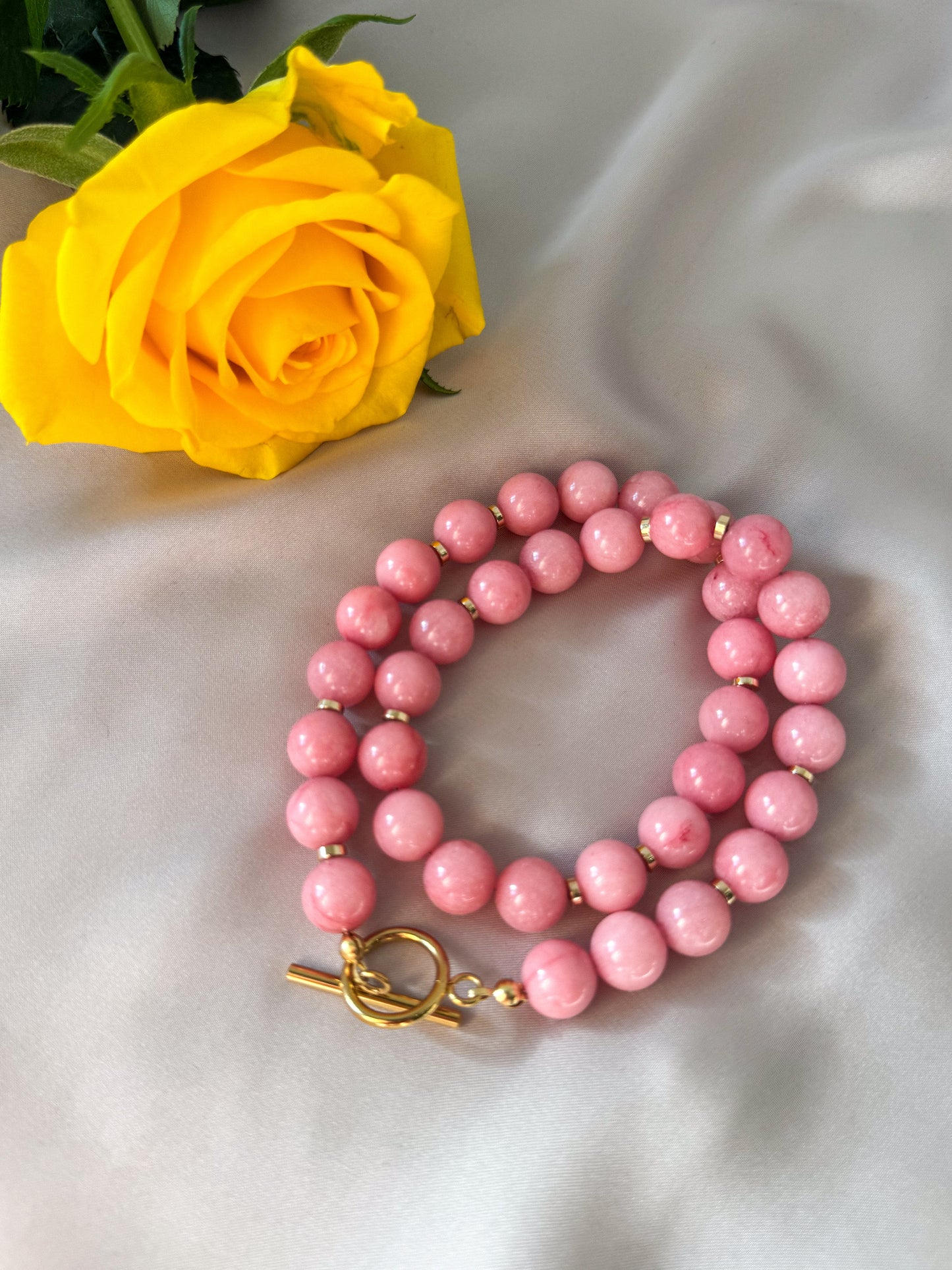 Chunky Pink Jade Necklace with Toggle Clasp