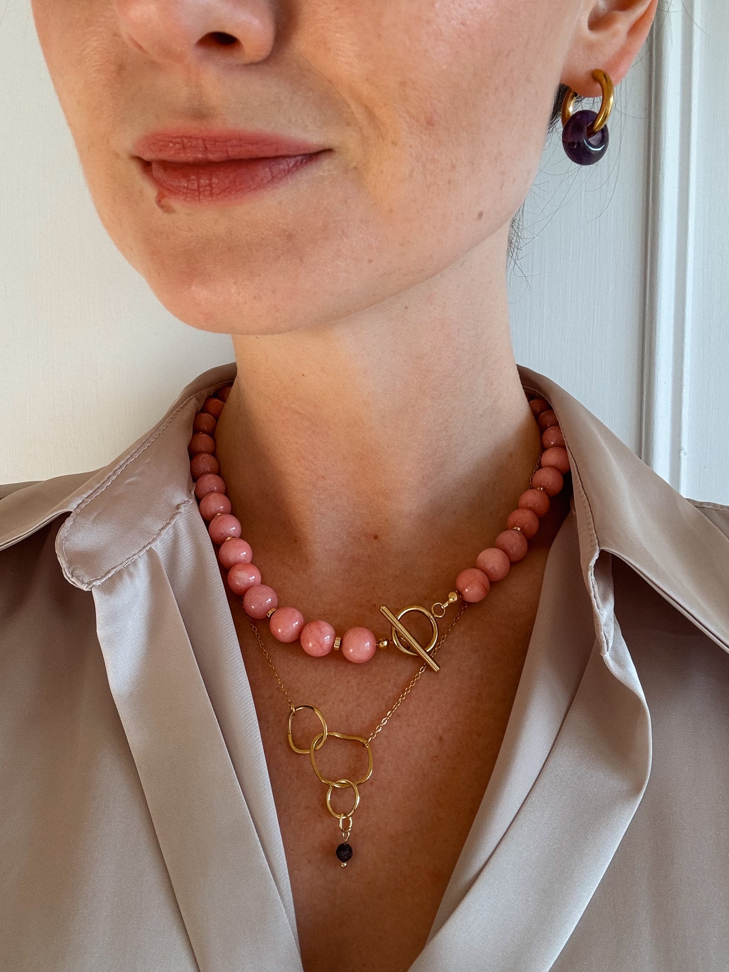 Chunky Pink Jade Necklace with Toggle Clasp