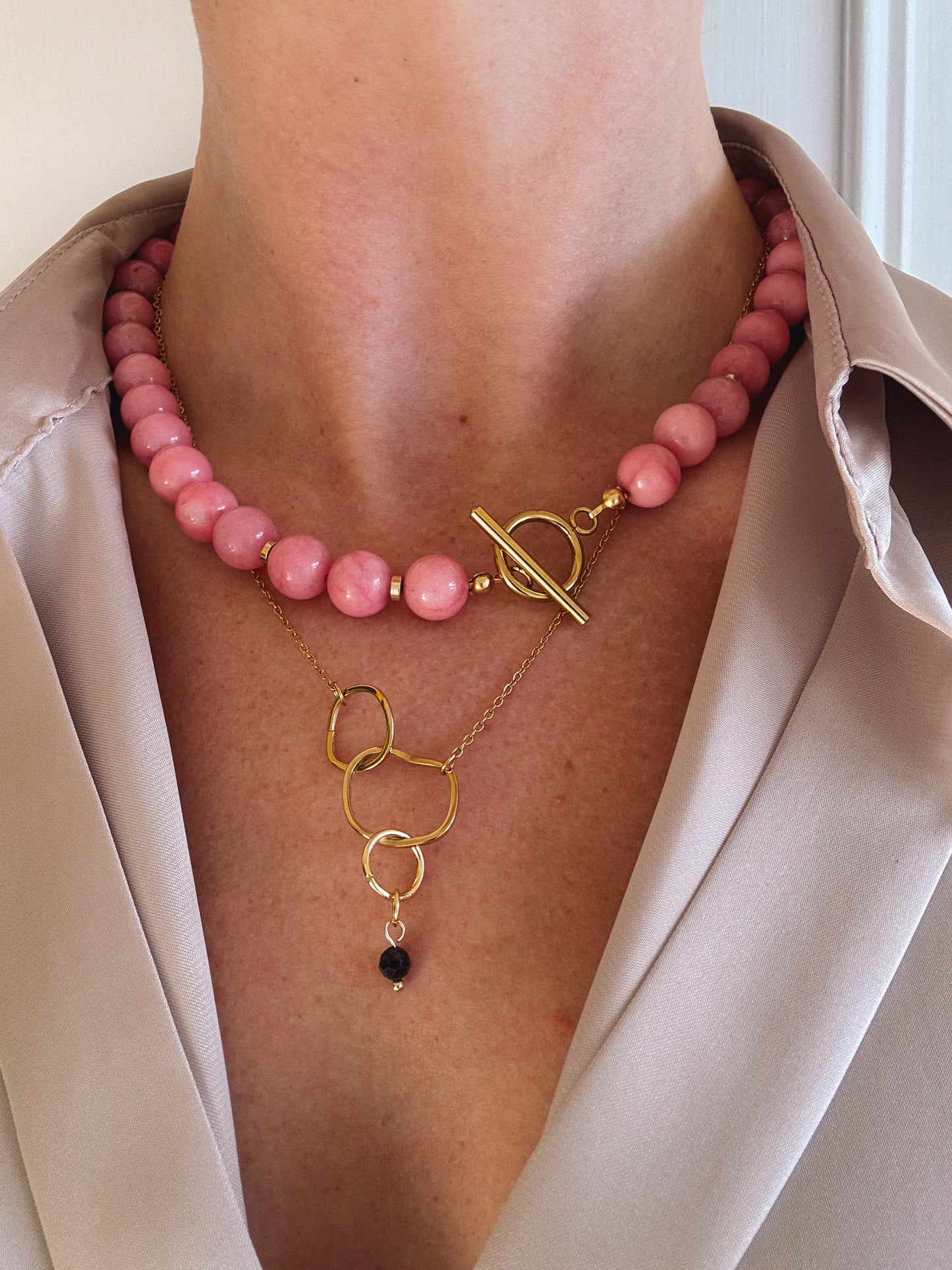 Chunky Pink Jade Necklace with Toggle Clasp