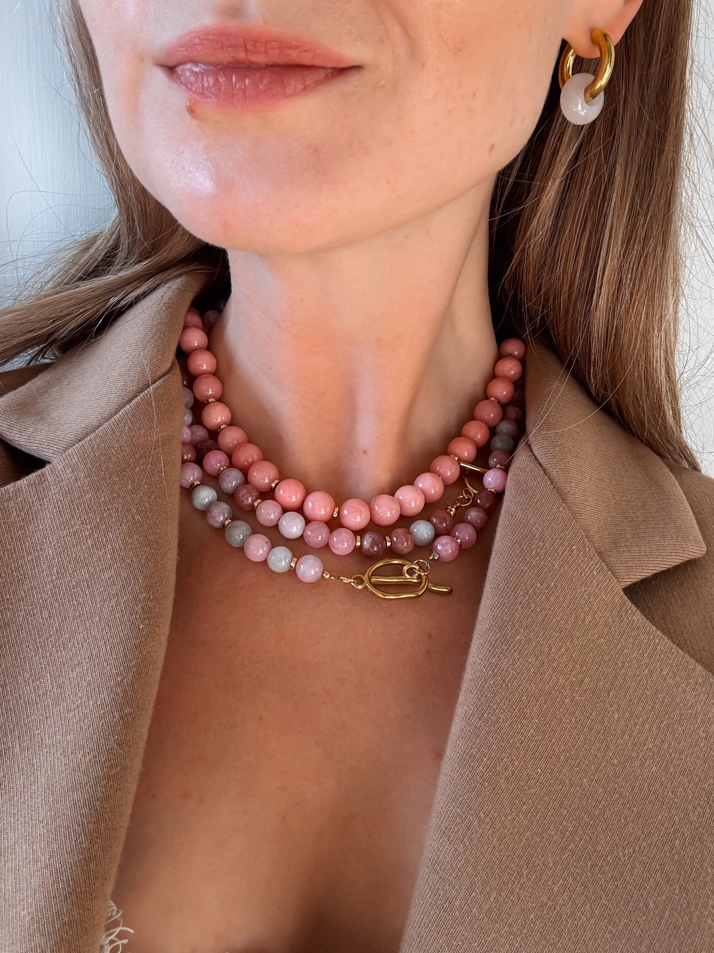 Chunky Pink Jade Necklace with Toggle Clasp
